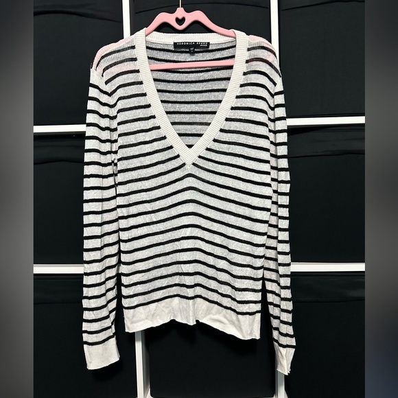 Veronica Beard Striped V-Neck Sweater - Black and White - Picture 3 of 4